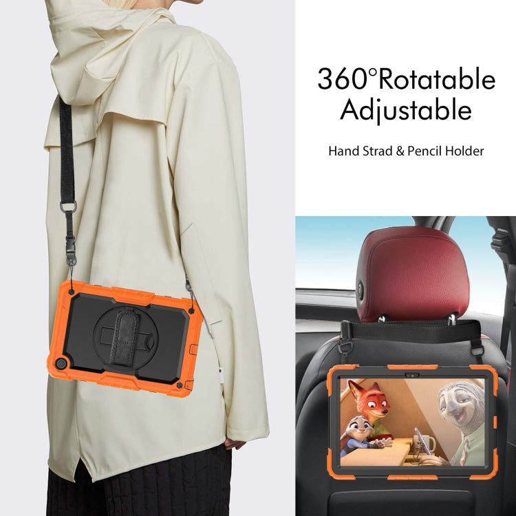 Orange rugged tablet case with adjustable hand strap and rotatable kickstand