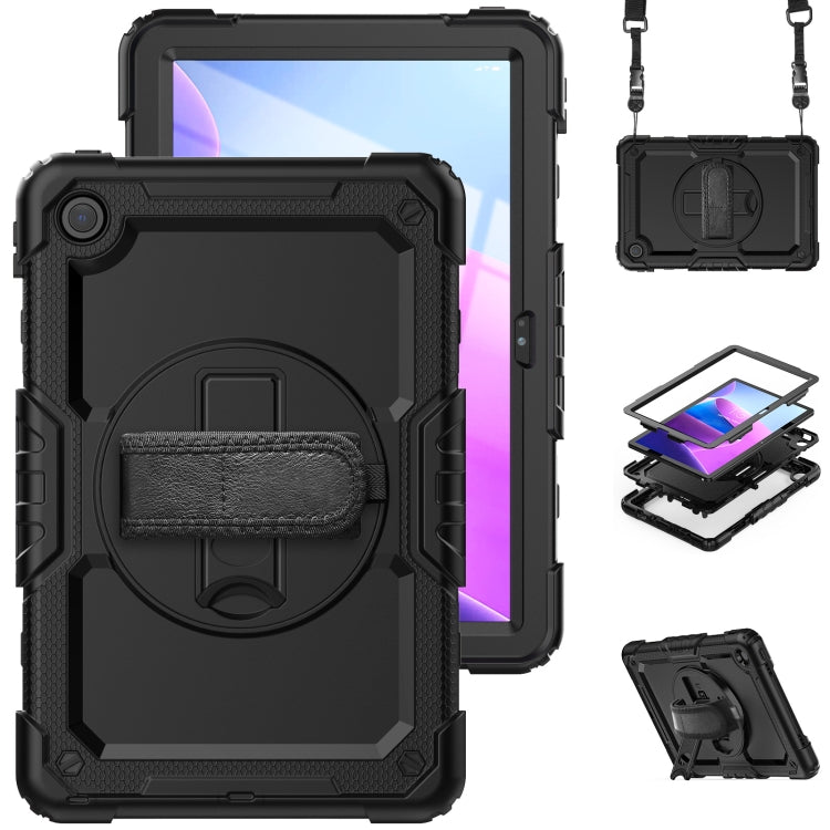 Black rugged tablet case with rotating kickstand and hand strap