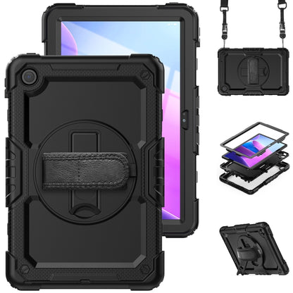 Black rugged tablet case with rotating kickstand and hand strap