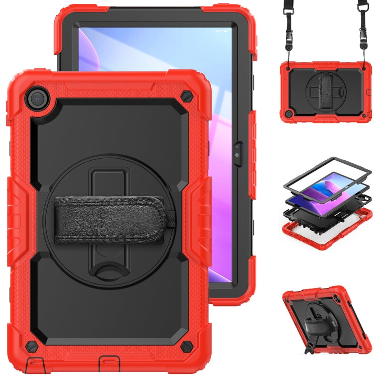 Red-orange rugged tablet case with rotating kickstand and hanging hand strap