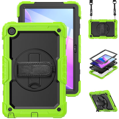 Green rugged tablet case with rotating kickstand and hand strap