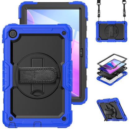 Blue rugged tablet case with protective back cover and hanging hand strap