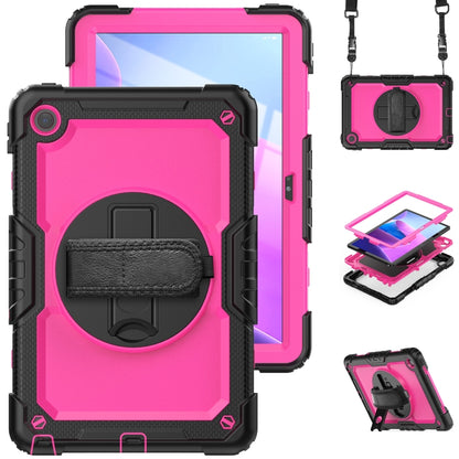 Black and pink rugged tablet case with protective back cover and hanging hand strap
