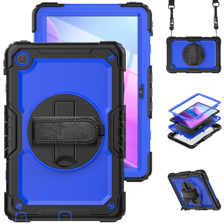 Black and blue rugged tablet case with protective back cover and hanging hand strap
