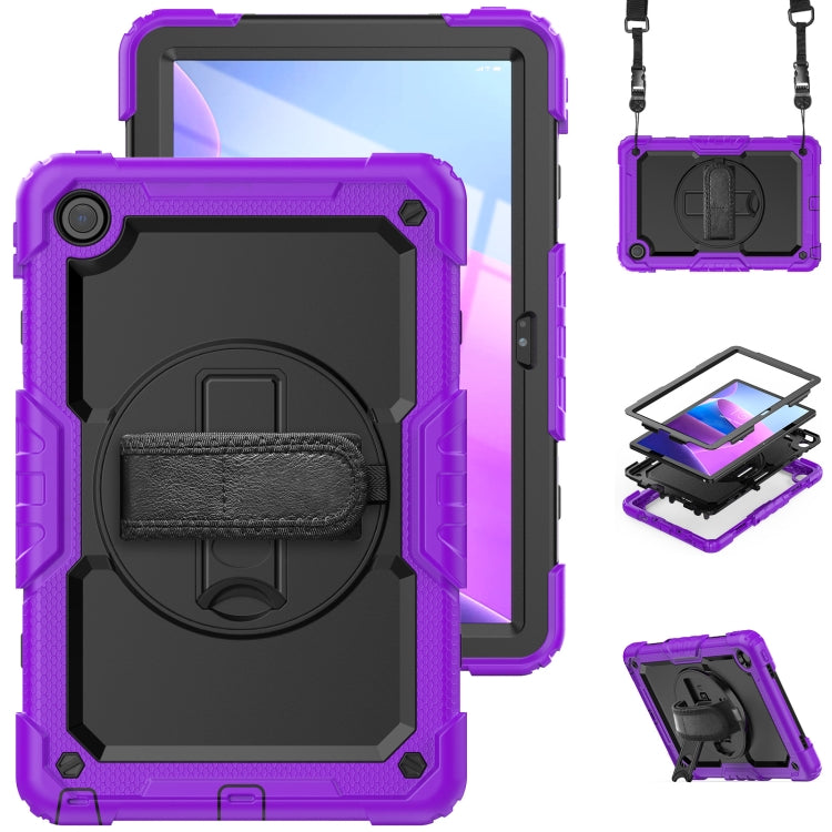 Purple rugged tablet case with protective back cover and hanging hand strap