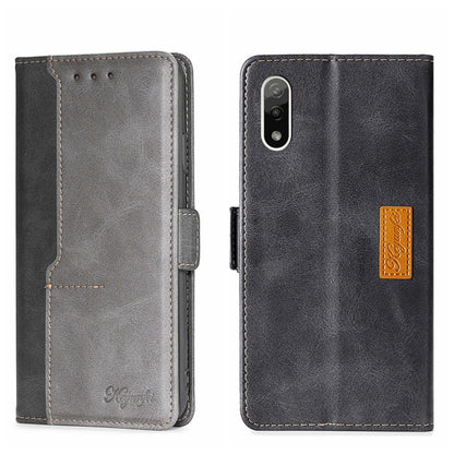 Black and grey leather phone case with side buckle and contrast stitching