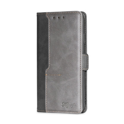 Grey leather phone case with side buckle and contrast seam details