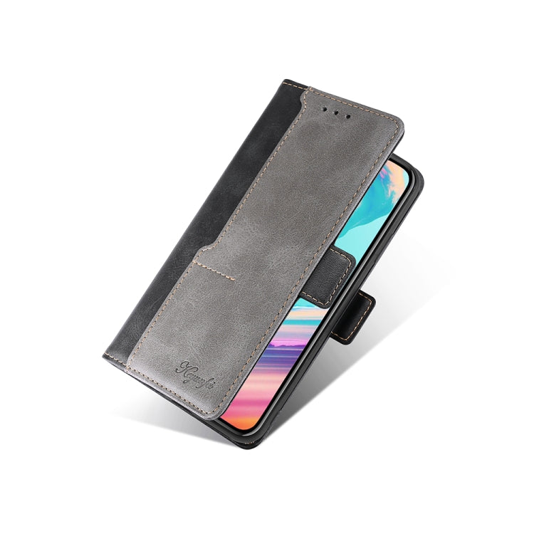 Grey leather folio phone case with side buckle and front flap