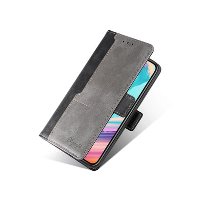 Grey leather folio phone case with side buckle and front flap