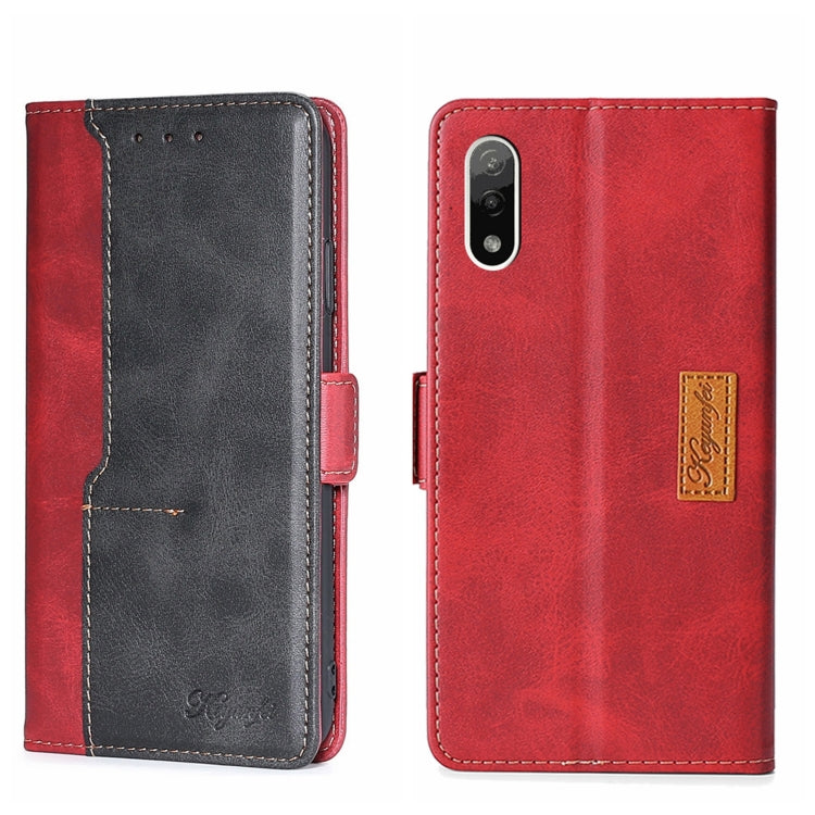 Red and black leather phone case with side buckle and contrast stitching
