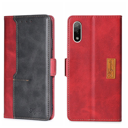 Red and black leather phone case with side buckle and contrast stitching