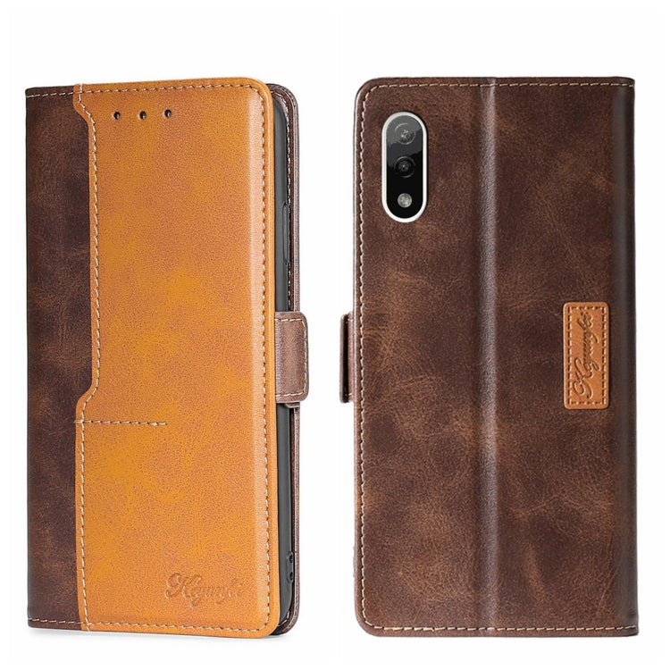 Dark brown and gold leather phone case with side buckle and contrast trim