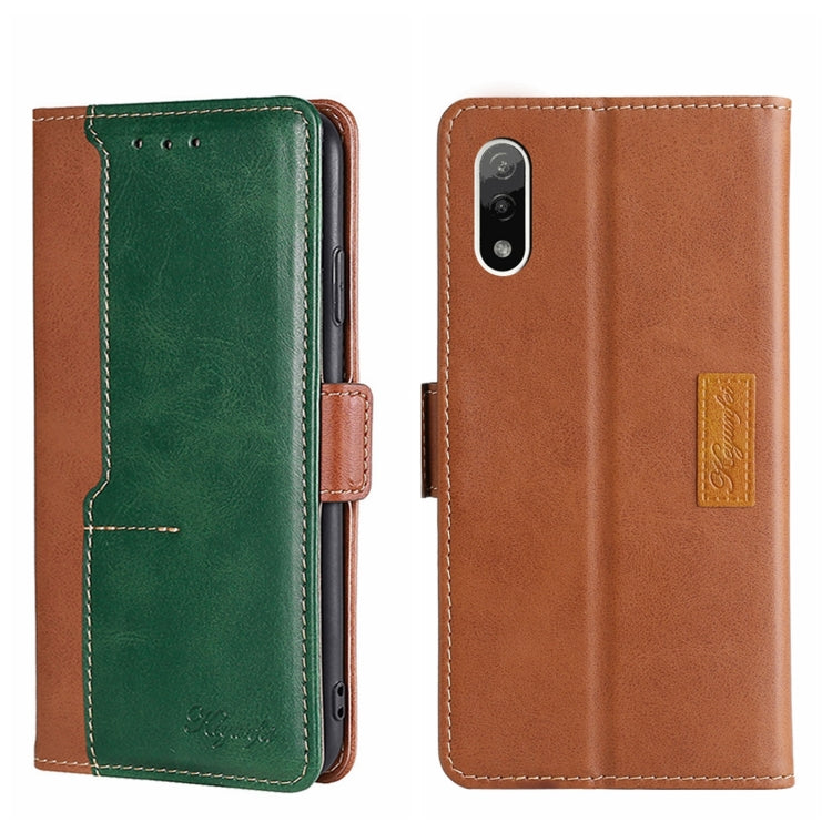 Green and brown leather phone case with side buckle and contrast stitching