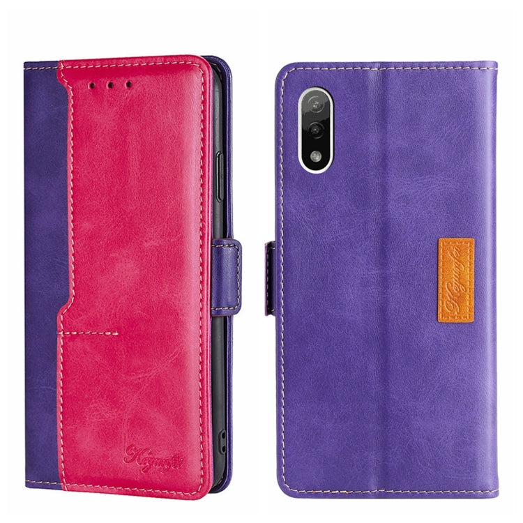Purple and rose red leather phone case with side buckle and contrast stitching