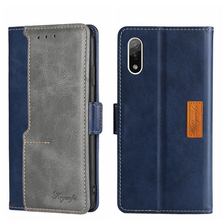 Blue and grey leather phone case with side buckle and contrast stitching