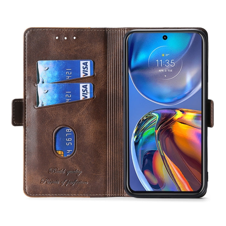 Brown leather phone case with side buckle, card slots and front cover for phone