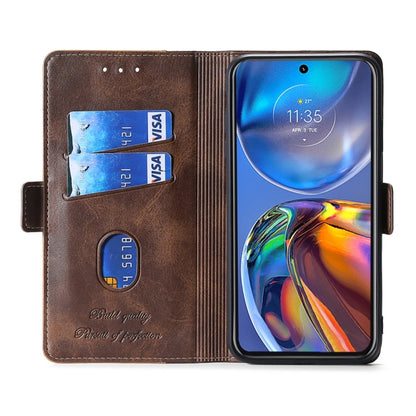 Brown leather phone case with side buckle, card slots and front cover for phone