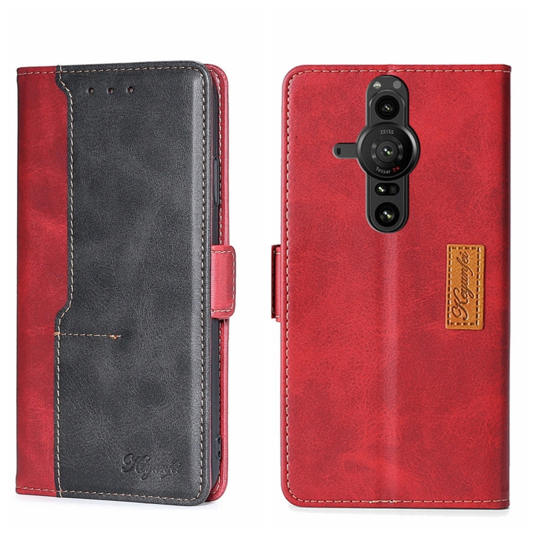 Contrast leather phone case, red and dark gray, side buckle closure and stitched edges