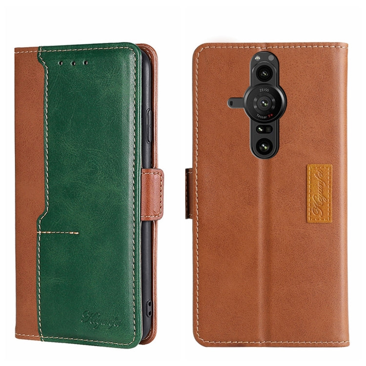 Contrast leather phone case, green and tan, side buckle with card slot and stitching