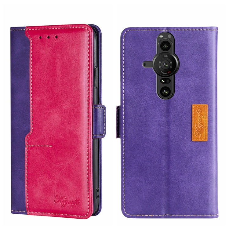 Contrast leather phone case, purple and pink, side buckle closure and camera cutout