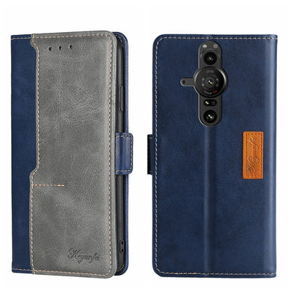 Contrast leather phone case, blue and gray, side buckle closure with camera cutout