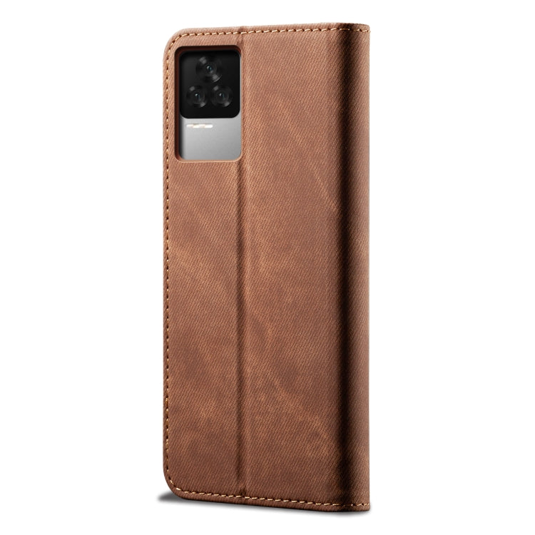 Brown denim-texture leather phone case with camera cutout and side stitching