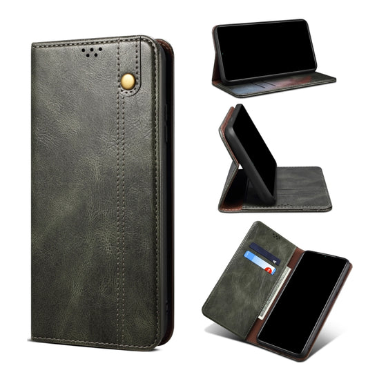 Dark green crazy horse leather phone case with card slot and round magnetic button