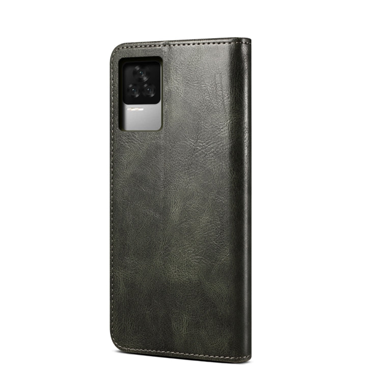 Dark green crazy horse leather phone case back with camera cutout and stitched edges