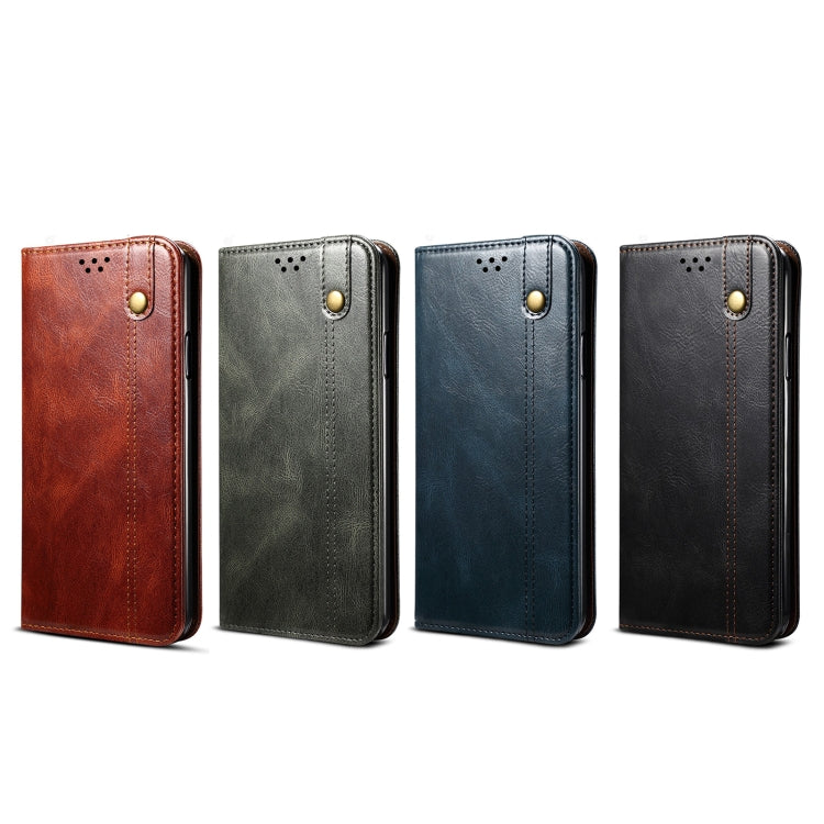 Leather phone cases in multiple colors: red, gray, blue, and dark, with flip stand