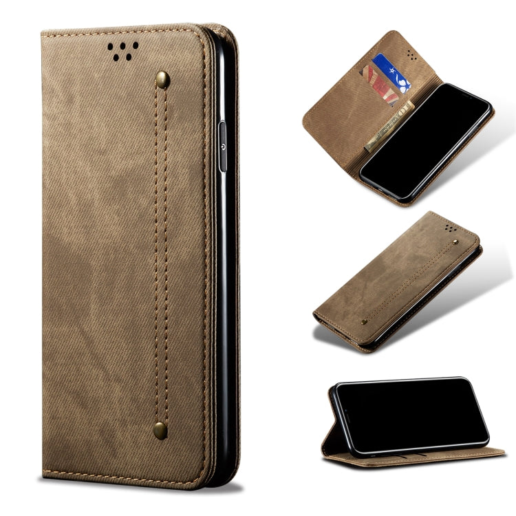 Khaki denim-texture leather phone case with magnetic flap and card slot detail.