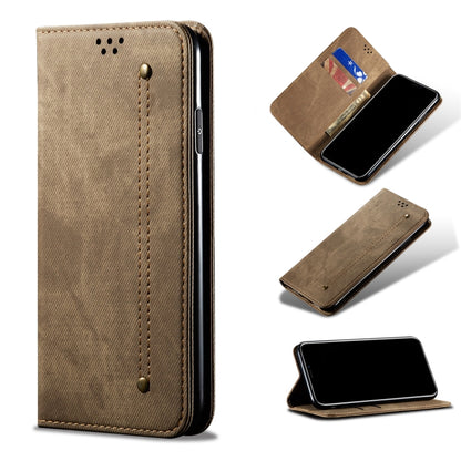 Khaki denim-texture leather phone case with magnetic flap and card slot detail.