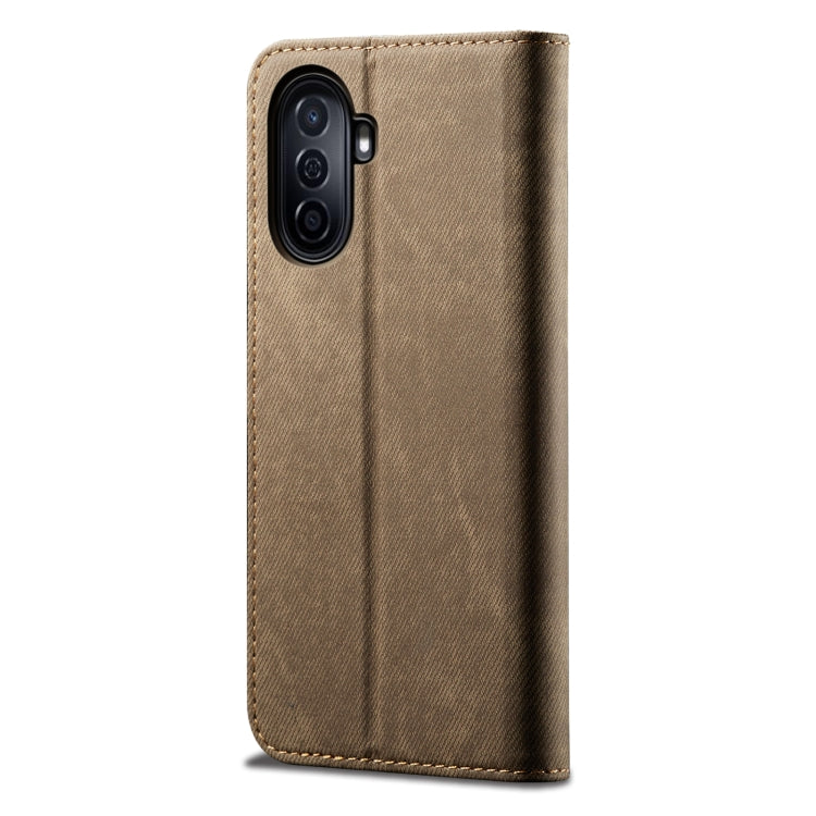Khaki denim-texture leather phone case with camera cutouts and stitched trim.