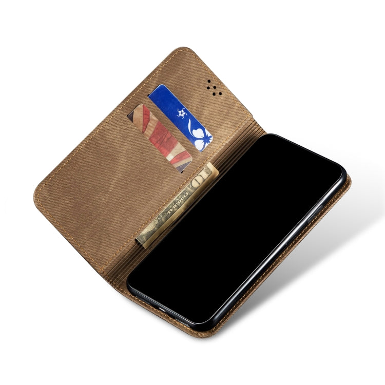 Khaki denim-texture leather phone case with magnetic flap and card pocket.