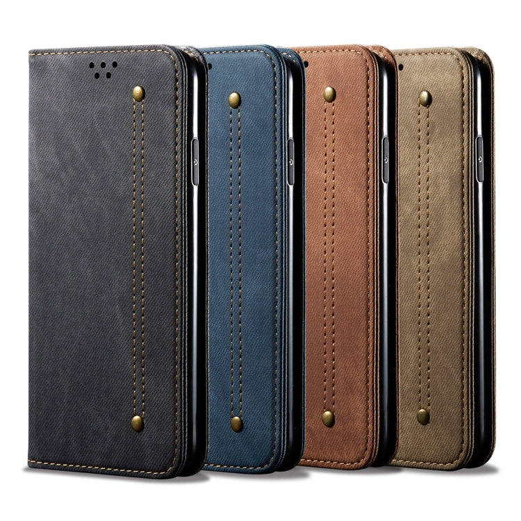 Denim-texture leather phone cases in multiple colors with magnetic flap and stitching.