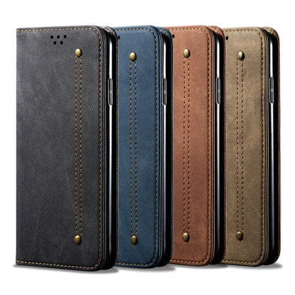 Denim-texture leather phone cases in multiple colors with magnetic flap and stitching.