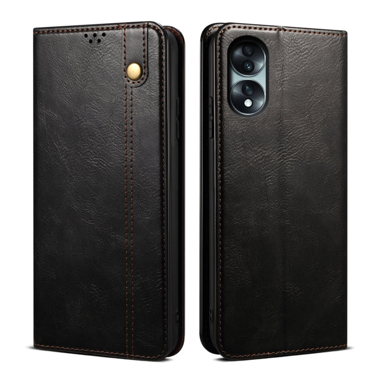 Black leather phone case with magnetic clasp, stitched edges, and camera cutout