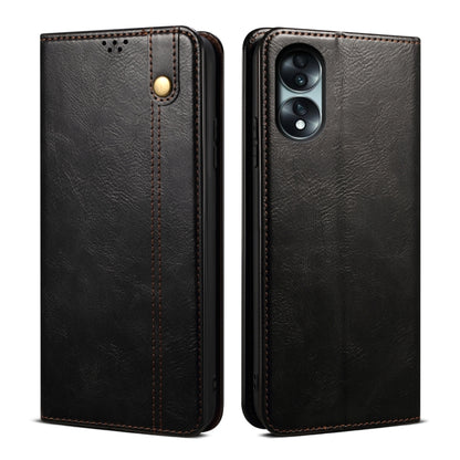 Black leather phone case with magnetic clasp, stitched edges, and camera cutout