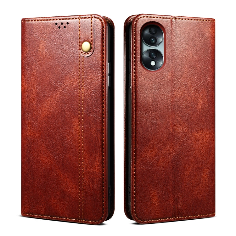 Brown leather flip phone case with card slot and dual camera opening