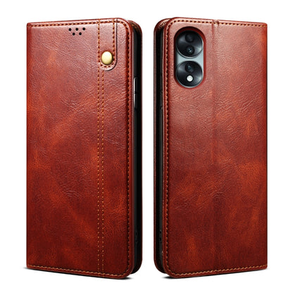 Brown leather flip phone case with card slot and dual camera opening