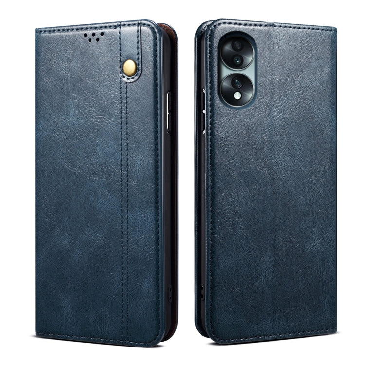 Blue leather flip phone case with front camera cutout and back camera opening
