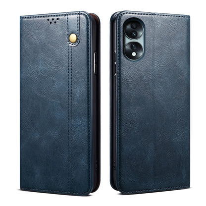 Blue leather flip phone case with front camera cutout and back camera opening