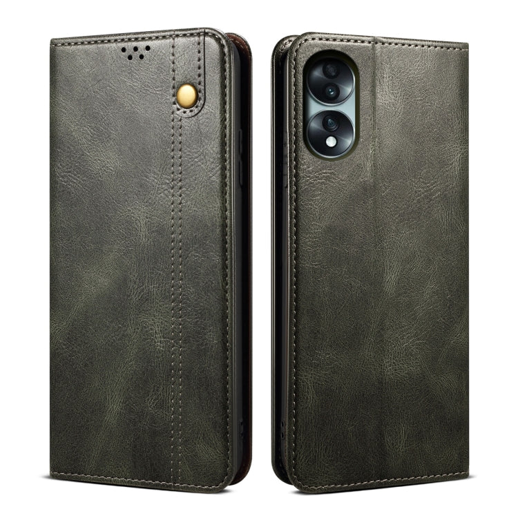 Dark green leather flip phone case with stitching and camera cutout window