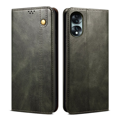 Dark green leather flip phone case with stitching and camera cutout window