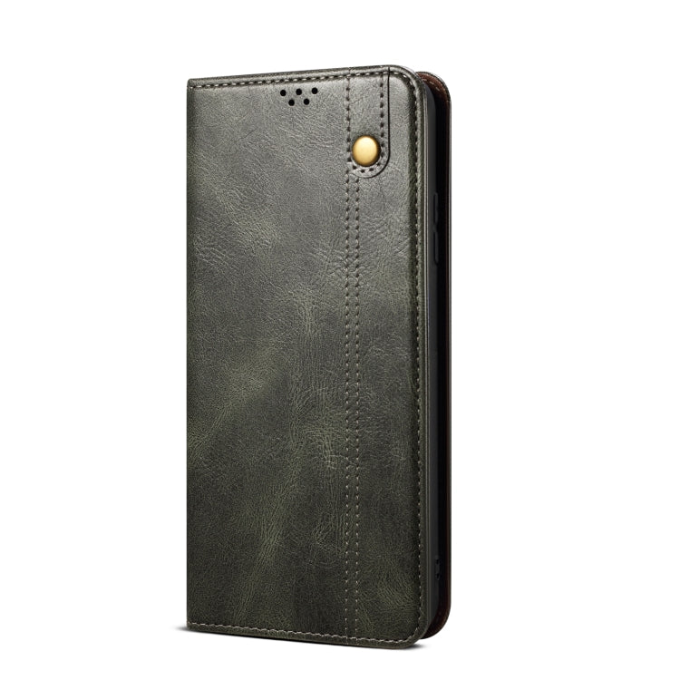 Dark green leather flip phone case with card slot and speaker cutouts