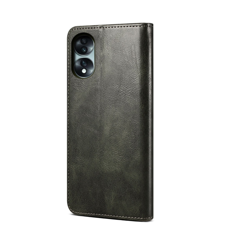Dark green leather flip phone case with dual camera opening