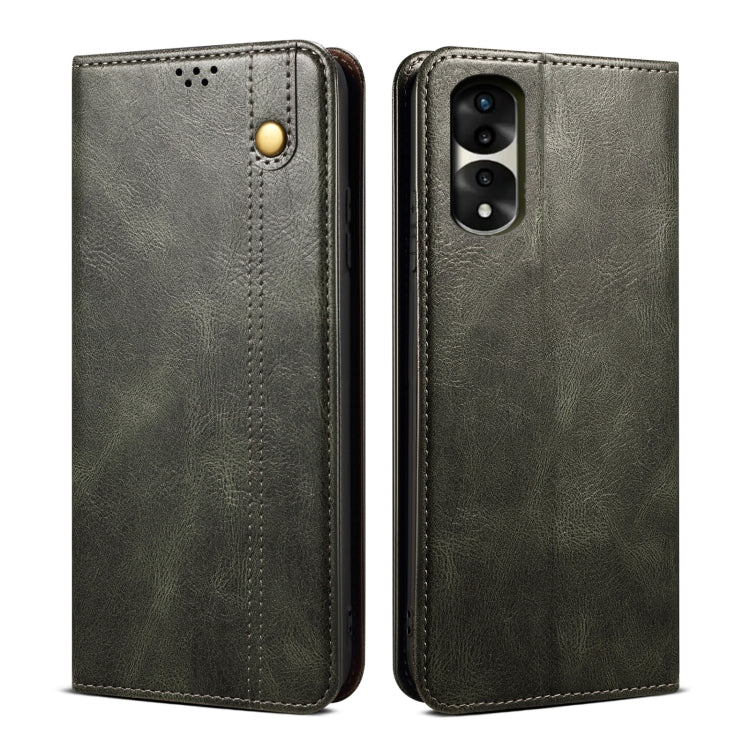 Dark green leather flip phone case front and back view with camera opening