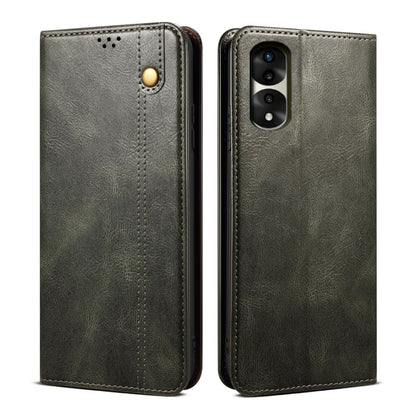 Dark green leather flip phone case front and back view with camera opening