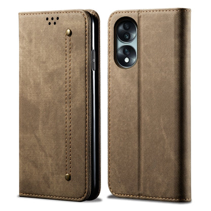 Khaki denim-texture flip phone case with stitched pattern and dual camera opening.