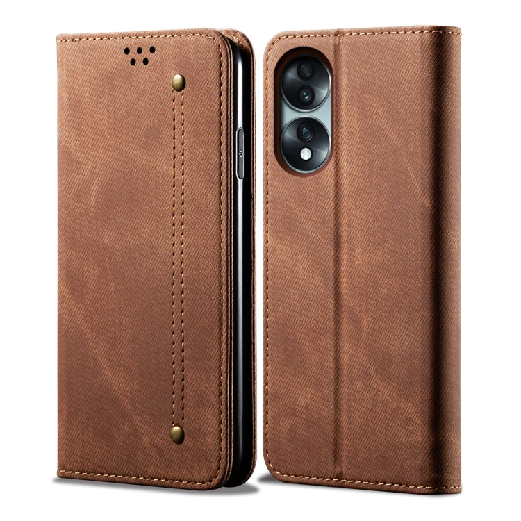Brown denim-texture flip phone case with stitched pattern and dual camera cutout.