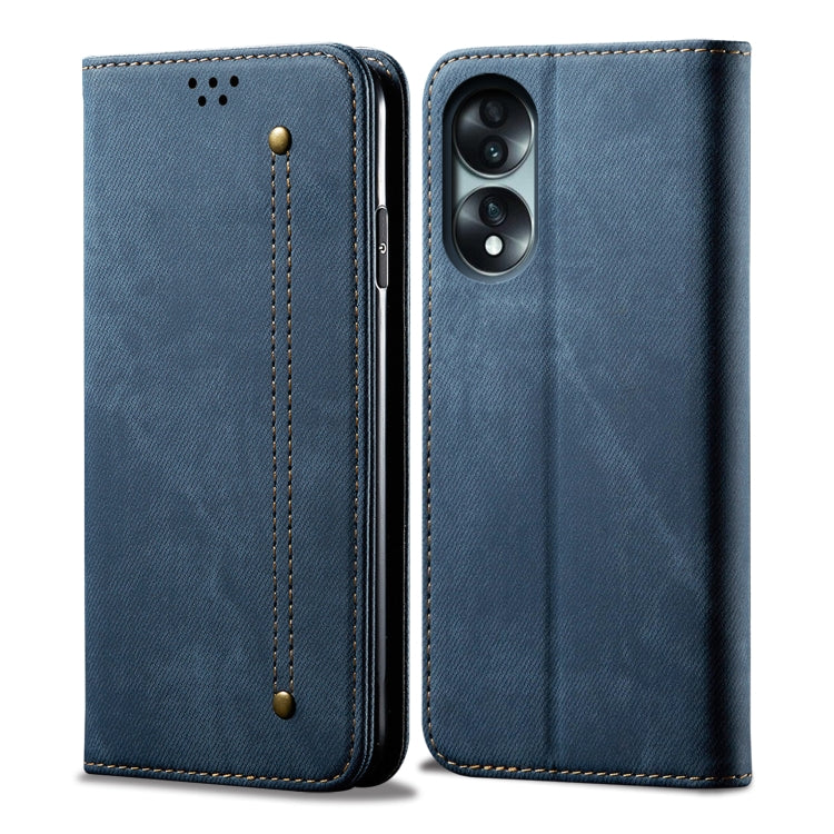 Blue denim-texture flip phone case with stitched panel and dual camera cutout.